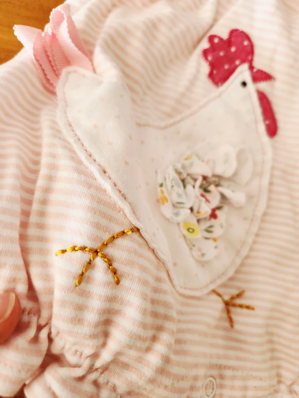 Mud Pie 3-6 Month Pink Chicken Embrodered Appliqué Romper with Smocked Neck